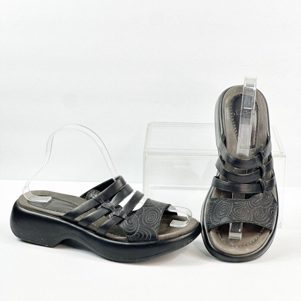 Dansko Leather Slides Black Embossed Sandals Womens 7.5 8 EUR 38 Strappy Shoes